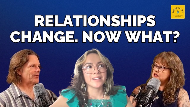 Playing With Fire title card: Lunarosa between hosts Ken and Joli Hamilton, under the words Relationships change. Now what?